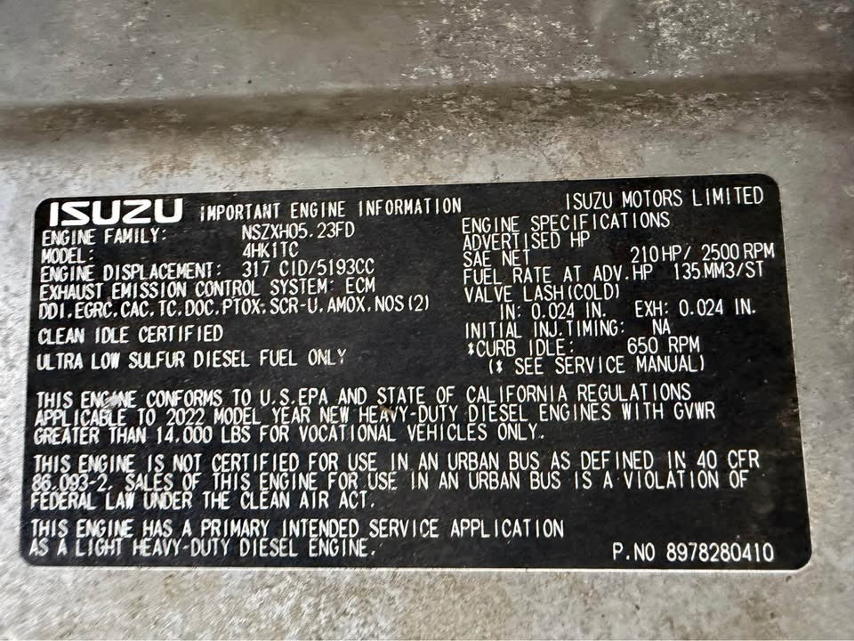 2022 Isuzu 4HK1TC 5.2L Diesel Engine - 210 HP - Low Miles/Clean Idle
